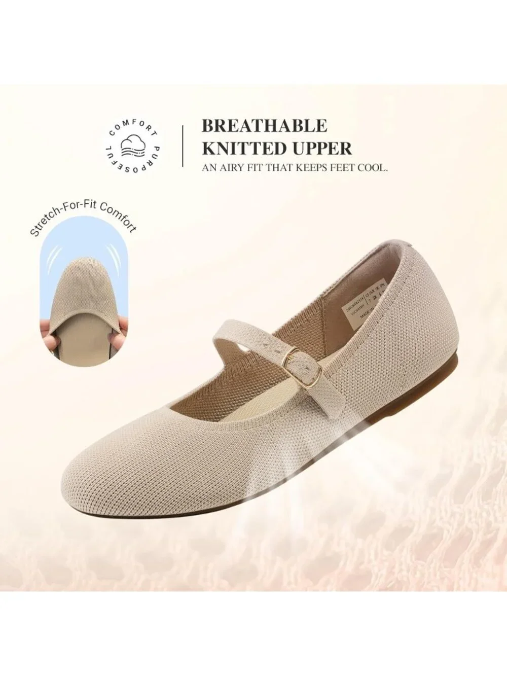 Women's Nude Knit Mary Jane Ballet Flat Comfortable For Casual Office Shoes